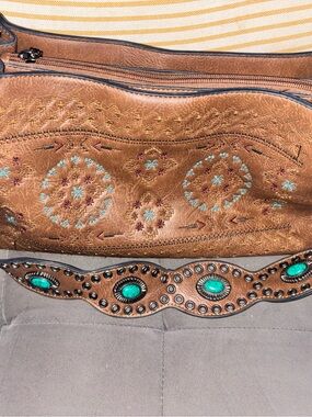 Embroidered Brown Shoulder Bag with Turquoise Accent Stones